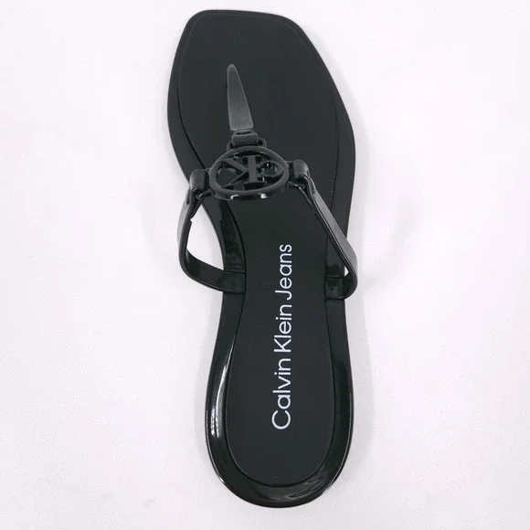 Calvin Klein Edhen Black Flat T Strap Thong Logo Sandals Womens Size 6 M - Picture 3 of 16